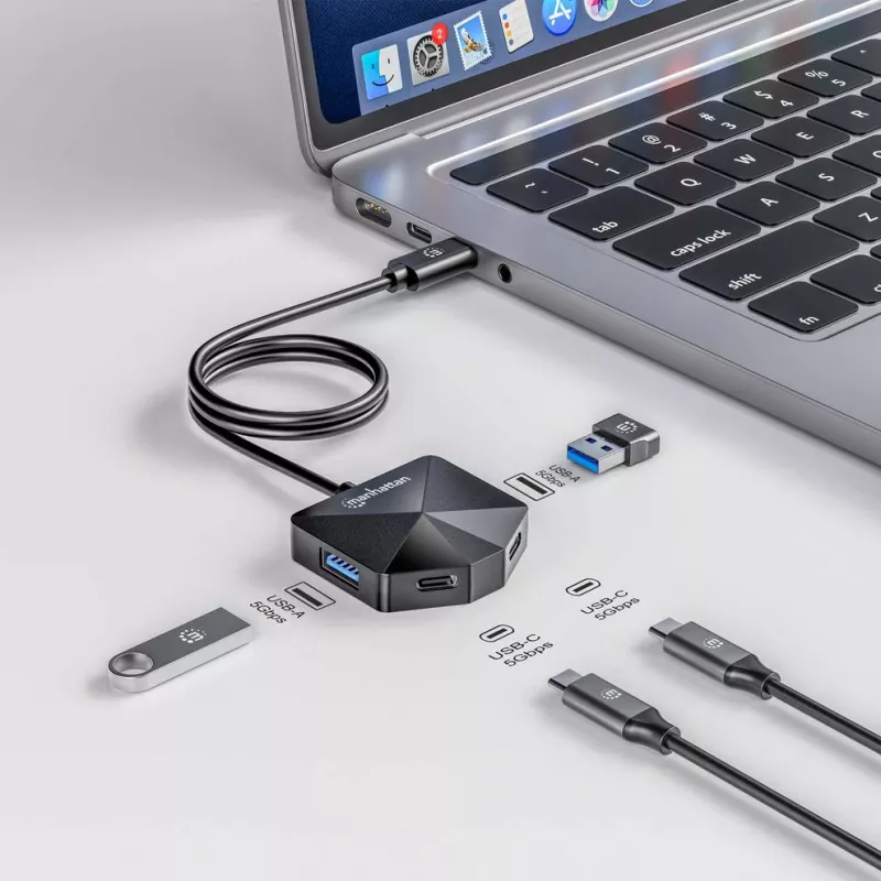 Manhattan USB-C un USB-A kombinētais doks/rumbis, porti (4): USB-A (x2) un USB-C (x2), 5 Gb/s (USB 3.2 Gen1 jeb USB 3.0), leņķveida forma ērtai piekļuvei portiem, barošana caur USB (ārējais barošanas avots nav nepieciešams)