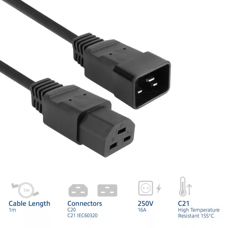 Strāvas vads ACT C20–C21 IEC60320 melns 1 m, 250 V, 16 A