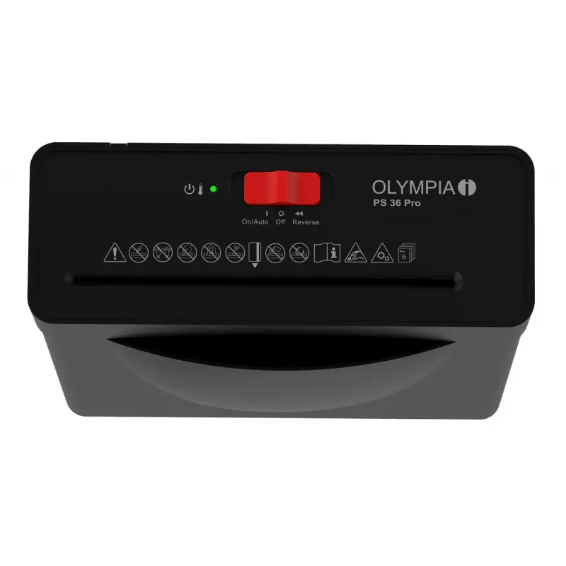 Papīra smalcinātājs Olympia PS 36 Pro — Slokšņu smalcināšana, 8 L grozs, 72 dB, Melns