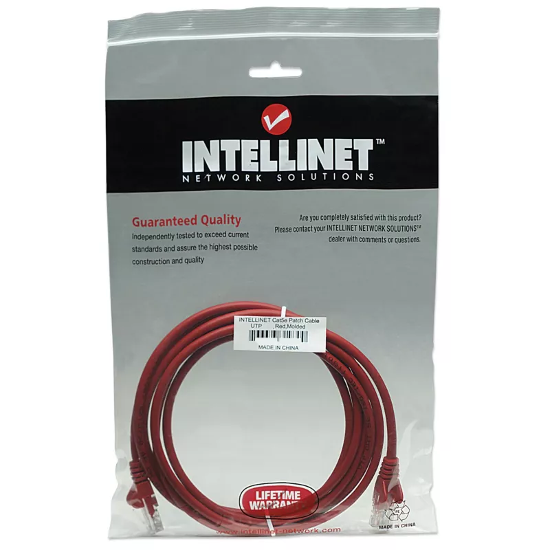 Intellinet tīkla savienojuma kabelis, Cat5e, 7,5 m, sarkans, CCA, U/UTP, PVC, RJ45, apzeltīti kontakti, bez aizķeršanās, ar aizsargapvalku, mūža garantija