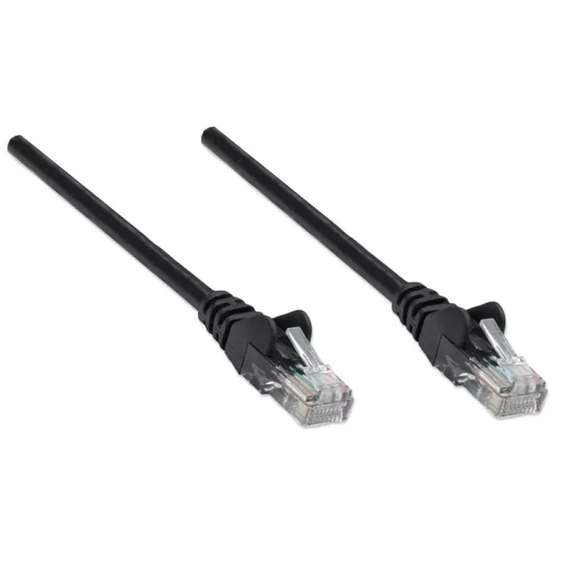 Intellinet tīkla komutācijas kabelis, Cat5e, 7,5 m, melns, CCA, U/UTP, PVC, RJ45, zeltīti kontakti, neaizķerams, ar aizsarguzmavu, mūža garantija