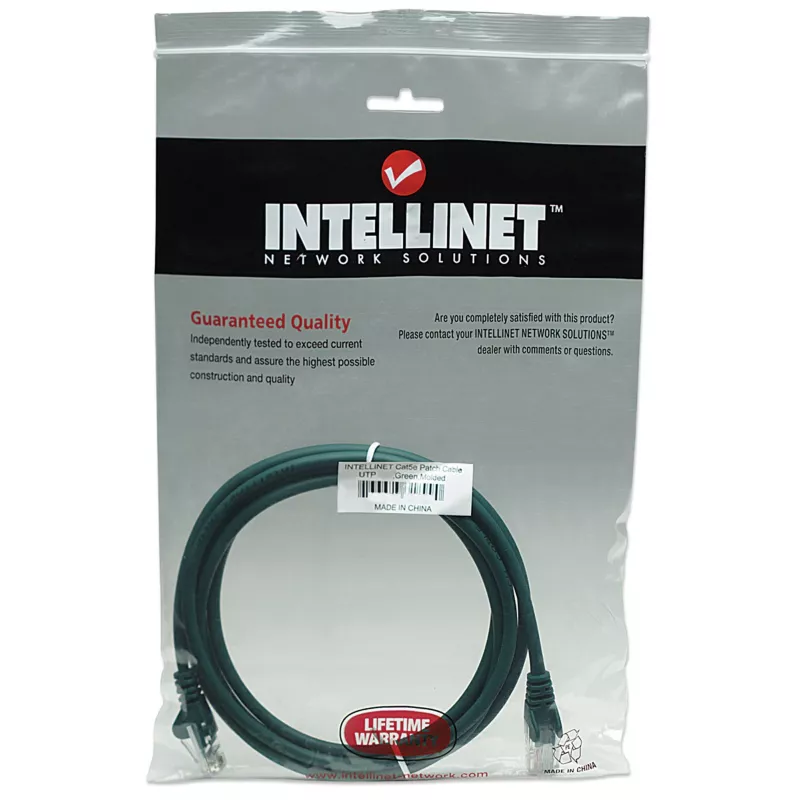 Intellinet tīkla komutācijas kabelis, Cat5e, 7,5m, zaļš, CCA, U/UTP, PVC, RJ45, apzeltīti kontakti, bez aizķeršanās, ar uzmavu, mūža garantija