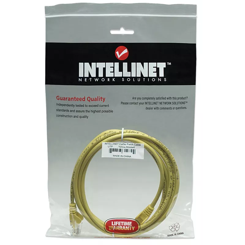 Intellinet tīkla savienojuma kabelis, Cat5e, 7,5 m, dzeltens, CCA, U/UTP, PVC, RJ45, apzeltīti kontakti, bez aizķeršanās, ar aizsarguzmavu, mūža garantija