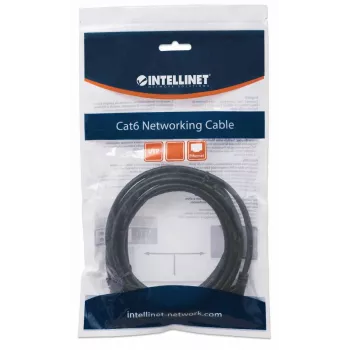 Intellinet tīkla savienojuma vads, Cat6, 2 m, melns, CCA, U/UTP, PVC, RJ45, zeltīti kontakti, bez aizķeršanās, ar aizsarguzmavu, mūža garantija