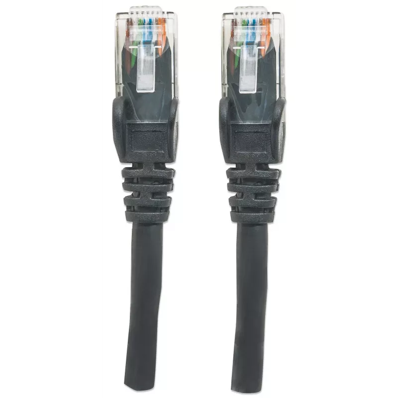 Intellinet tīkla ielāpu vads, Cat6, 1,5 m, melns, CCA, U/UTP, PVC, RJ45, apzeltīti kontakti, bez aizķeršanās, ar apvalku, mūža garantija