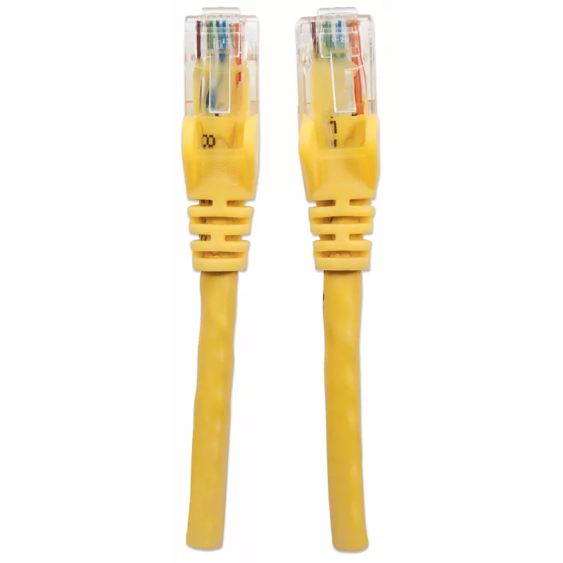 Intellinet tīkla ielāpu vads, Cat6, 0,5 m, dzeltens, CCA, U/UTP, PVC, RJ45, zeltīti kontakti, bez aizķeršanās, ar aizsargapvalku, mūža garantija
