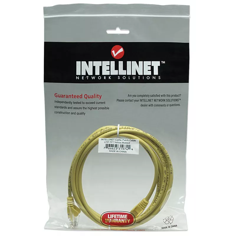 Intellinet tīkla savienojuma kabelis, Cat5e, 2 m, dzeltens, CCA, U/UTP, PVC, RJ45, zeltīti kontakti, bez aizķeršanās, aizsargapvalks, mūža garantija