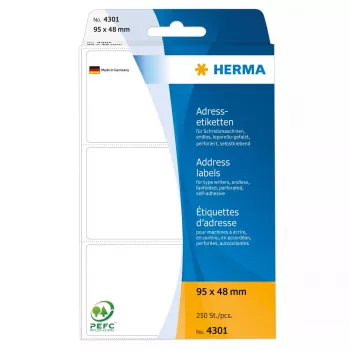 Adrešu uzlīmes HERMA nepārtrauktas salocītas 95x48 mm balts papīrs matēts 250 gab.