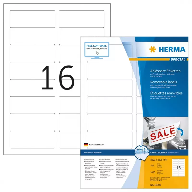 Noņemamās uzlīmes HERMA 10303 A4 88.9x33.8 mm baltas