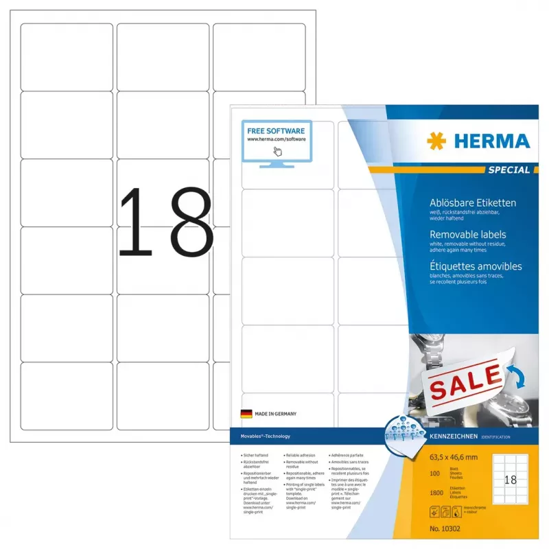 Noņemamās etiķetes HERMA A4 63,5x46,6 mm 1800 gab.