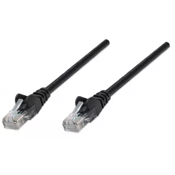 Intellinet tīkla komutācijas kabelis, Cat5e, 1,5 m, melns, CCA, U/UTP, PVC, RJ45, zeltīti kontakti, neaizķerams, ar aizsargapvalku, mūža garantija
