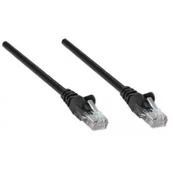 Intellinet tīkla komutācijas kabelis, Cat5e, 1,5 m, melns, CCA, U/UTP, PVC, RJ45, zeltīti kontakti, neaizķerams, ar aizsargapvalku, mūža garantija