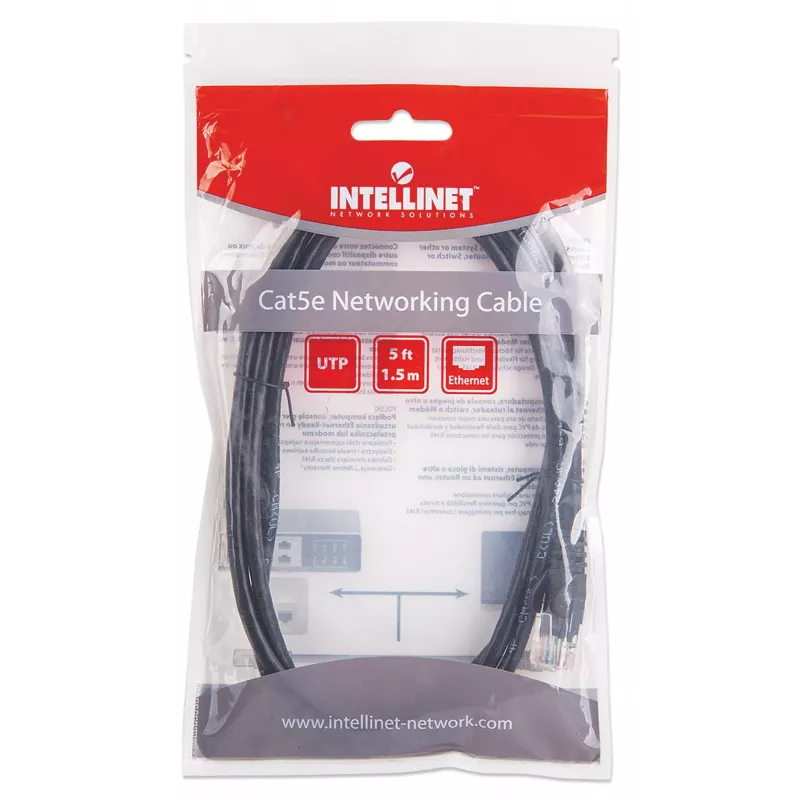 Intellinet tīkla komutācijas kabelis, Cat5e, 1,5 m, melns, CCA, U/UTP, PVC, RJ45, zeltīti kontakti, neaizķerams, ar aizsargapvalku, mūža garantija