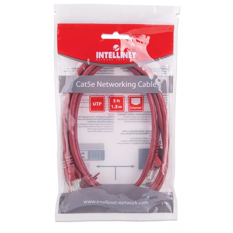 Intellinet tīkla komutācijas kabelis, Cat5e, 1,5 m, sarkans, CCA, U/UTP, PVC, RJ45, zeltīti kontakti, aizsargājošs spraudnis, ar uzmavu, mūža garantija