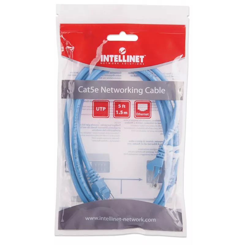 Intellinet tīkla komutācijas kabelis, Cat5e, 1,5 m, zils, CCA, U/UTP, PVC, RJ45, zeltīti kontakti, bezķeļu, ar uzmavu, mūža garantija