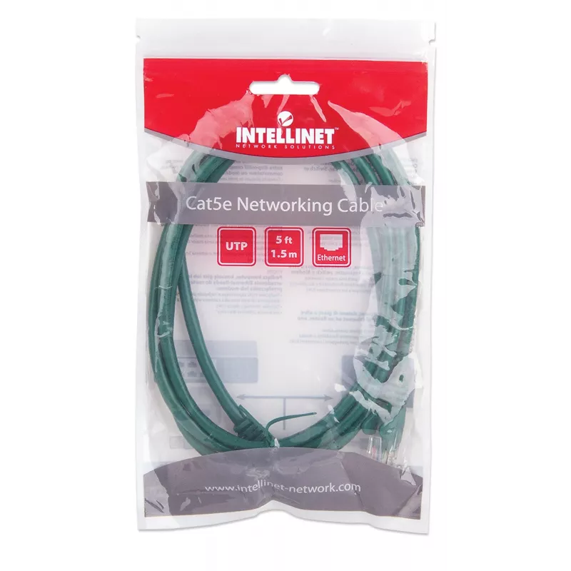 Intellinet tīkla komutācijas kabelis, Cat5e, 1,5 m, zaļš, CCA, U/UTP, PVC, RJ45, zeltīti kontakti, bez aizķeršanās, ar aizsargapvalku, mūža garantija