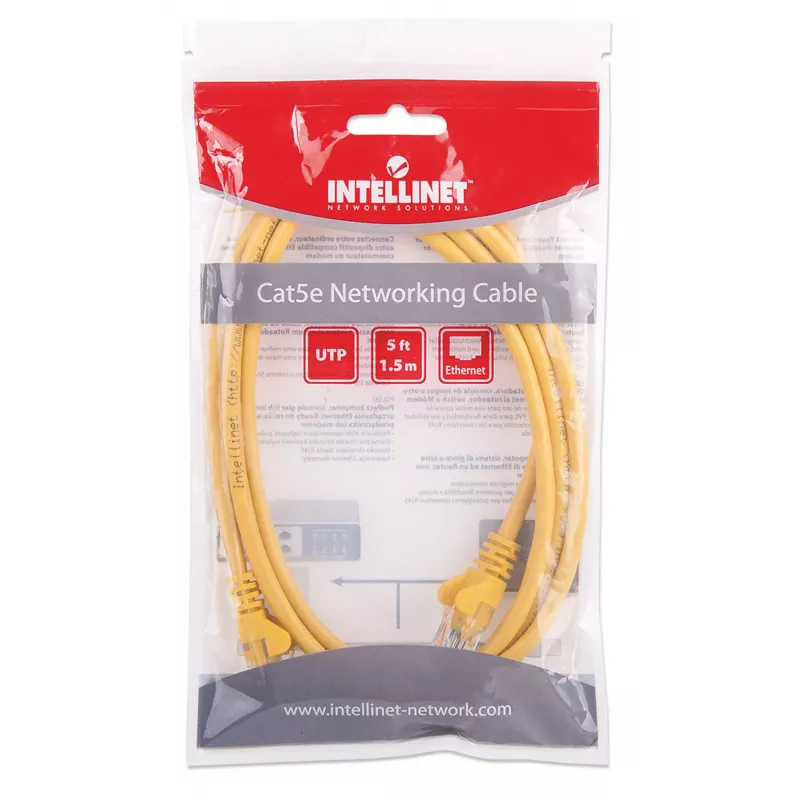 Intellinet tīkla komutācijas kabelis, Cat5e, 1,5m, dzeltens, CCA, U/UTP, PVC, RJ45, zeltīti kontakti, bez aizķeršanās, ar aizsargapvalku, mūža garantija