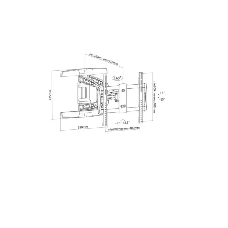 Manhattan sienas stiprinājums televizoriem un monitoriem (pilna kustība), Ekrāniem no 32 inch līdz 55 inch, VESA saderība: visi starp 100x100mm līdz 400x400mm – pārbaudiet četru montāžas urbumu izmērus ekrāna aizmugurē, lai nodrošinātu atbilstību, Maks. 50 kg, Melns, Kronšteins, Mūža garantija