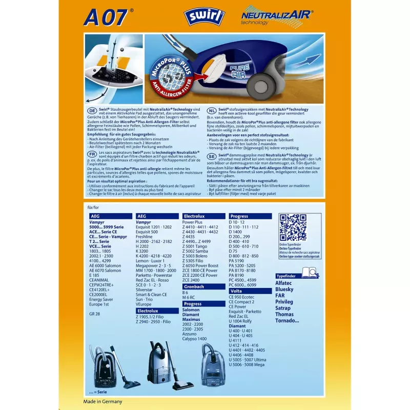 Putekļu maiss Swirl A 07 NeutralizAir cilindriskajam putekļsūcējam