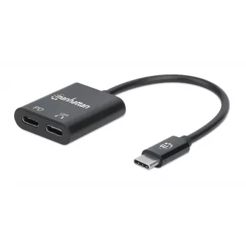 Manhattan USB-C uz USB-C audio adapteris un USB-C (ar strāvas padevi), melns, 480 Mbps (USB 2.0), kabelis 11 cm, ar strāvas padevi uz USB-C pieslēgvietu (60 W), trīs gadu garantija