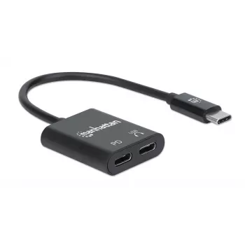 Manhattan USB-C uz USB-C audio adapteris un USB-C (ar strāvas padevi), melns, 480 Mbps (USB 2.0), kabelis 11 cm, ar strāvas padevi uz USB-C pieslēgvietu (60 W), trīs gadu garantija