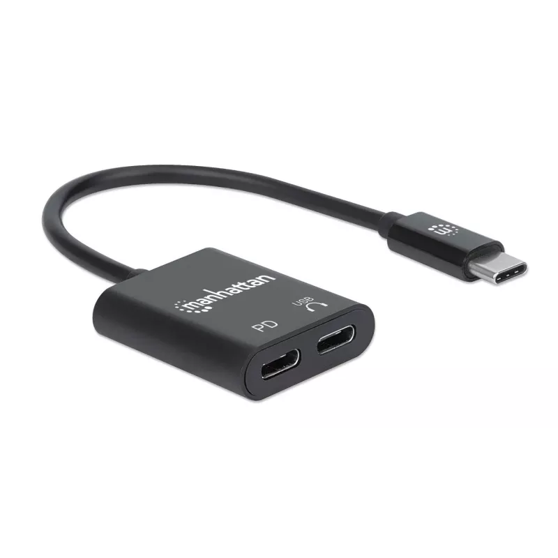 Manhattan USB-C uz USB-C audio adapteris un USB-C (ar strāvas padevi), melns, 480 Mbps (USB 2.0), kabelis 11 cm, ar strāvas padevi uz USB-C pieslēgvietu (60 W), trīs gadu garantija