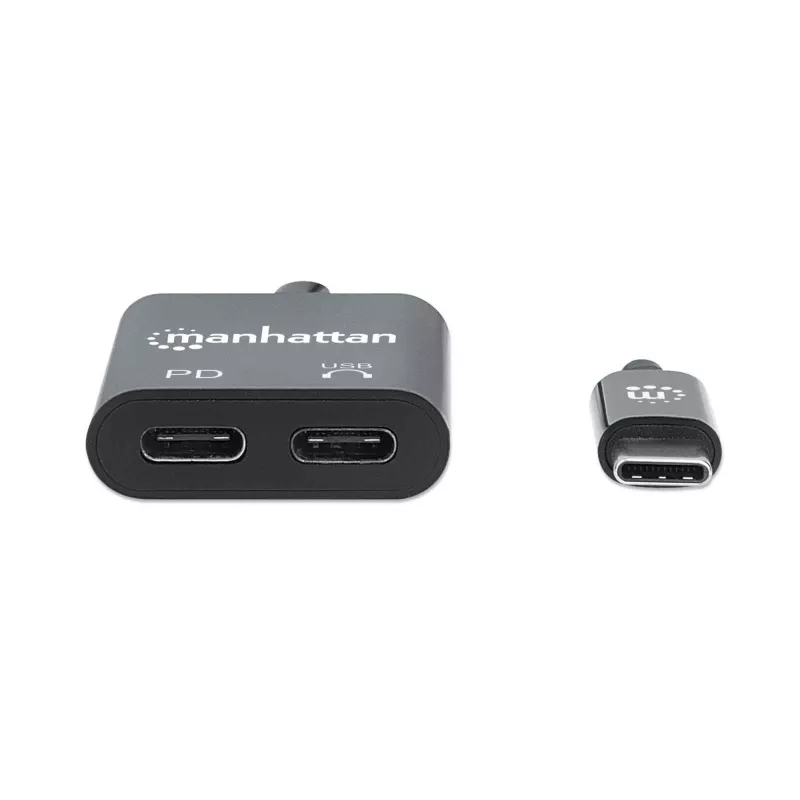 Manhattan USB-C uz USB-C audio adapteris un USB-C (ar strāvas padevi), melns, 480 Mbps (USB 2.0), kabelis 11 cm, ar strāvas padevi uz USB-C pieslēgvietu (60 W), trīs gadu garantija