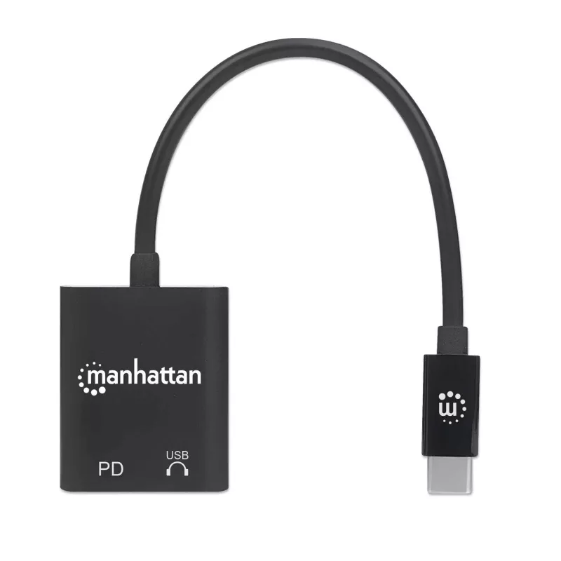 Manhattan USB-C uz USB-C audio adapteris un USB-C (ar strāvas padevi), melns, 480 Mbps (USB 2.0), kabelis 11 cm, ar strāvas padevi uz USB-C pieslēgvietu (60 W), trīs gadu garantija
