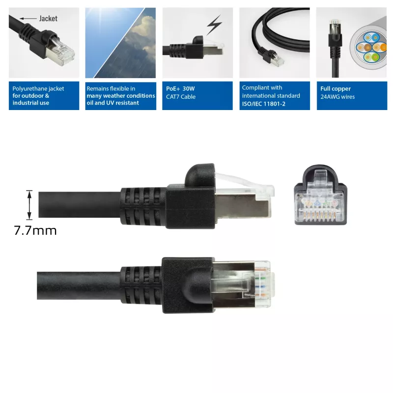 ACT melns 0,5 metri S/FTP CAT7 PUR elastīgs komutācijas kabelis bez aizķeršanās ar RJ45 savienotājiem (atbilst CAT6A)