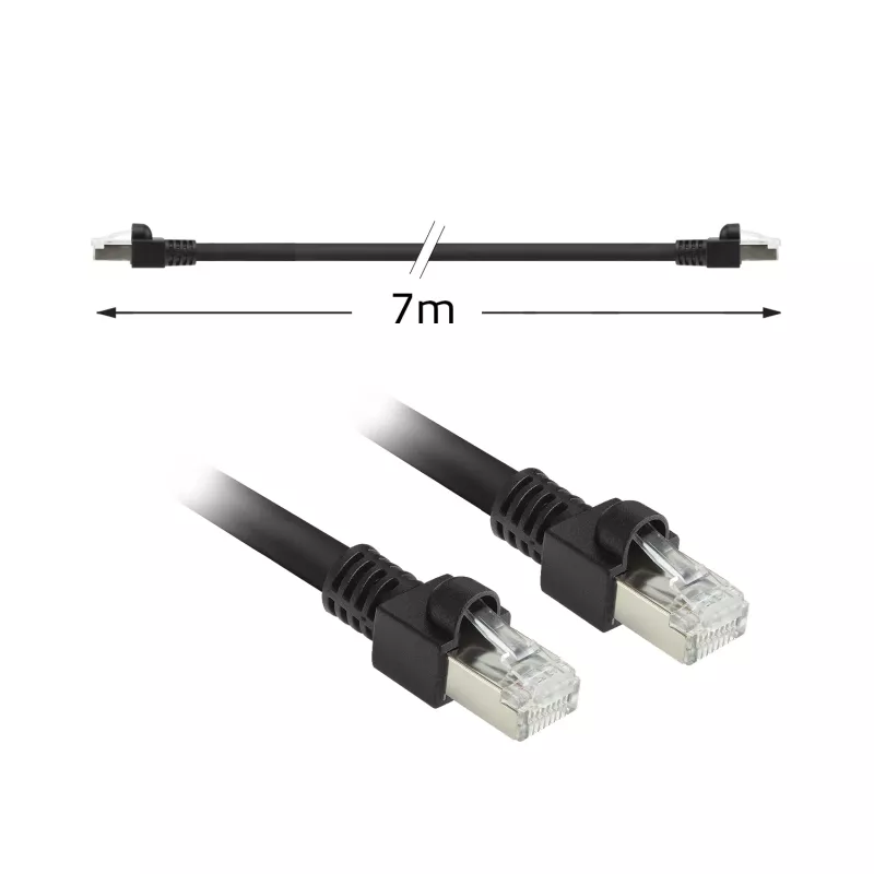 ACT melns 7 metri S/FTP CAT7 PUR elastīgs ielāpu vads bez aizķeršanās ar RJ45 savienotājiem (atbilst CAT6A)