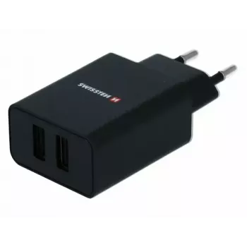 Barošanas lādētājs SWISSTEN Travel Charger SW-21A105W-BK, 2×USB, 2.1A uz pieslēgvietu (10.5W kopā)