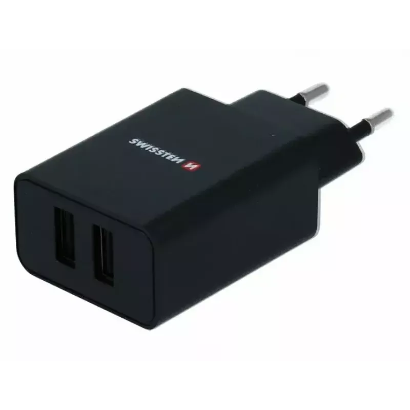 Barošanas lādētājs SWISSTEN Travel Charger SW-21A105W-BK, 2×USB, 2.1A uz pieslēgvietu (10.5W kopā)