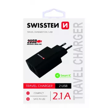 Barošanas lādētājs SWISSTEN Travel Charger SW-21A105W-BK, 2×USB, 2.1A uz pieslēgvietu (10.5W kopā)