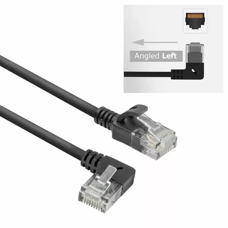 ACT Melns 1,5 metru U/UTP CAT6A LSZH plānā ielāpu vads ar RJ45 savienotājiem 90° leņķī pa kreisi uz taisnu