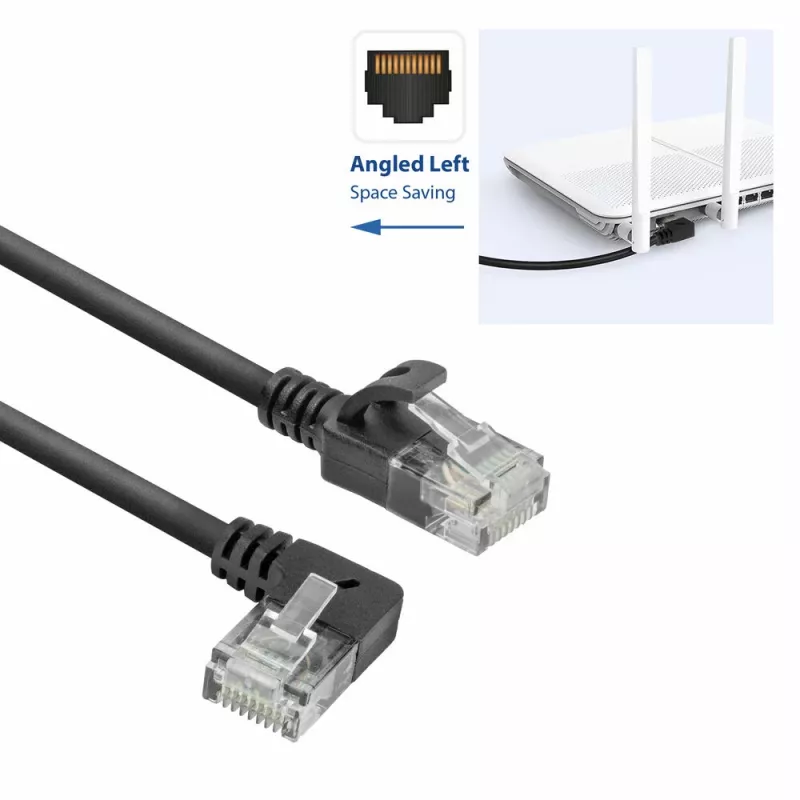 ACT Melns 1,5 metru U/UTP CAT6A LSZH plānā ielāpu vads ar RJ45 savienotājiem 90° leņķī pa kreisi uz taisnu