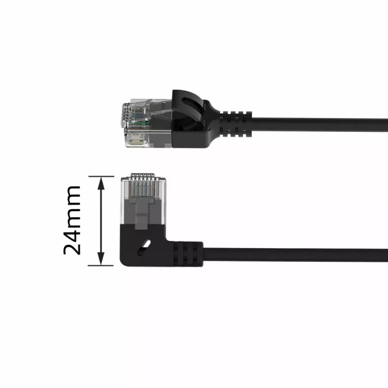 ACT Melns 1,5 metru U/UTP CAT6A LSZH plānā ielāpu vads ar RJ45 savienotājiem 90° leņķī pa kreisi uz taisnu