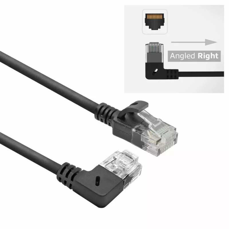 ACT melns 1 metra U/UTP CAT6A LSZH plāns komutācijas kabelis ar RJ45 savienotājiem 90° leņķī pa labi pret taisnu