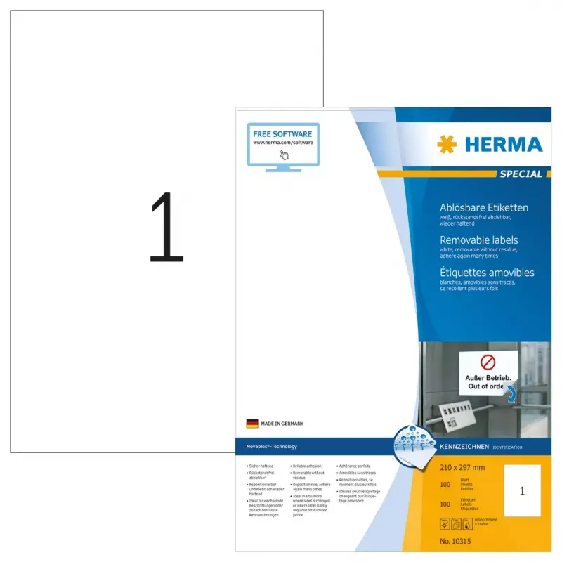 Noņemamās etiķetes HERMA 10315 A4 210x297 mm baltas Movables