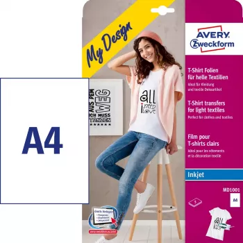 Apģērba pārneses tintes loksnes Avery Zweckform MD1001 — polipropilēna A4 210×297 mm, balta, gaišas krāsas, iepakojumā 5