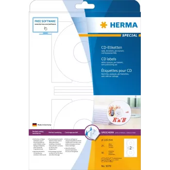 CD uzlīmes HERMA A4 Ø 116 mm balts papīrs matēts necaurspīdīgs 50 gab.