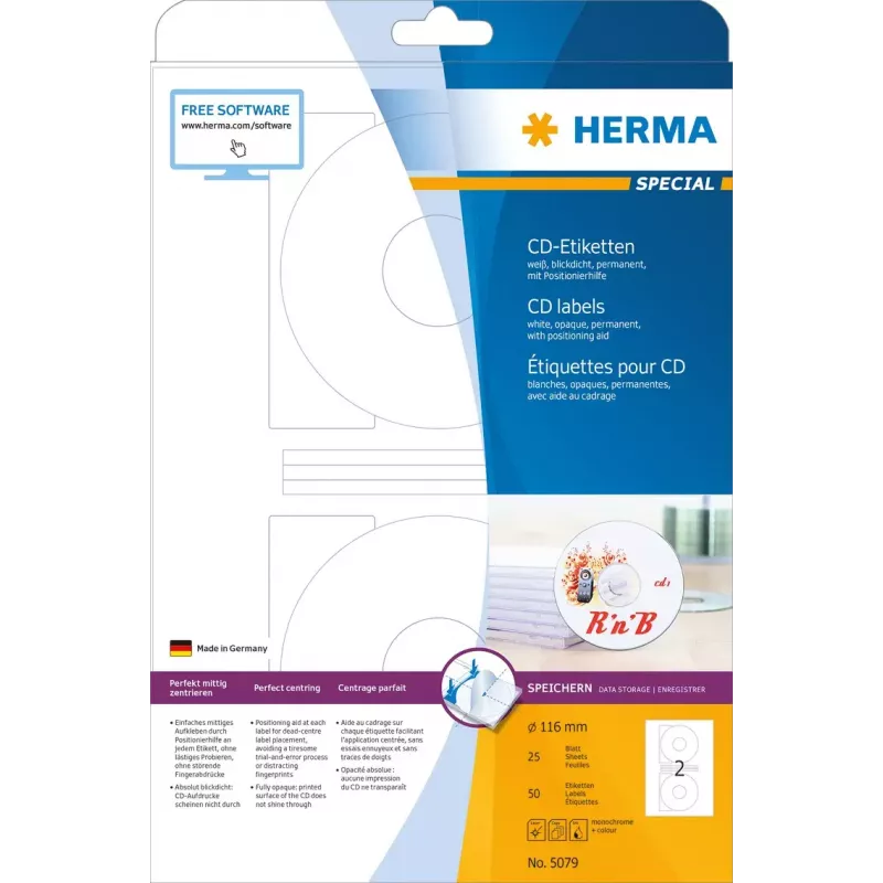 CD uzlīmes HERMA A4 Ø 116 mm balts papīrs matēts necaurspīdīgs 50 gab.