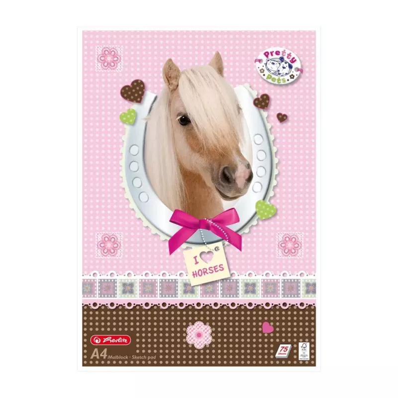 Herlitz Pretty Pets zīmēšanas bloks A4, 75 lapas, 70 g/m2, dažādi dizaini, 5 gab. iepakojums