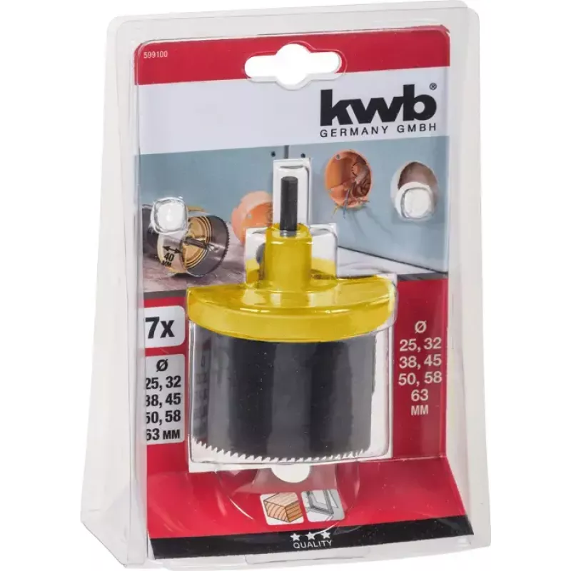 Hole saw set KWB 599100 7 gab. 6,3 cm kokam un plastmasai