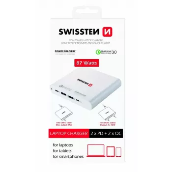 Ceļojumu lādētājs SWISSTEN SW-TCH-87W-PD30-QC30-W — 87W, PD 3.0, QC 3.0, viedtālruņiem un klēpjdatoriem