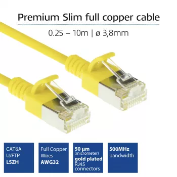 ACT dzeltens 2 metru LSZH U/FTP CAT6A datacentra plānā ielāpu vads bez aizķeršanās ar RJ45 savienotājiem