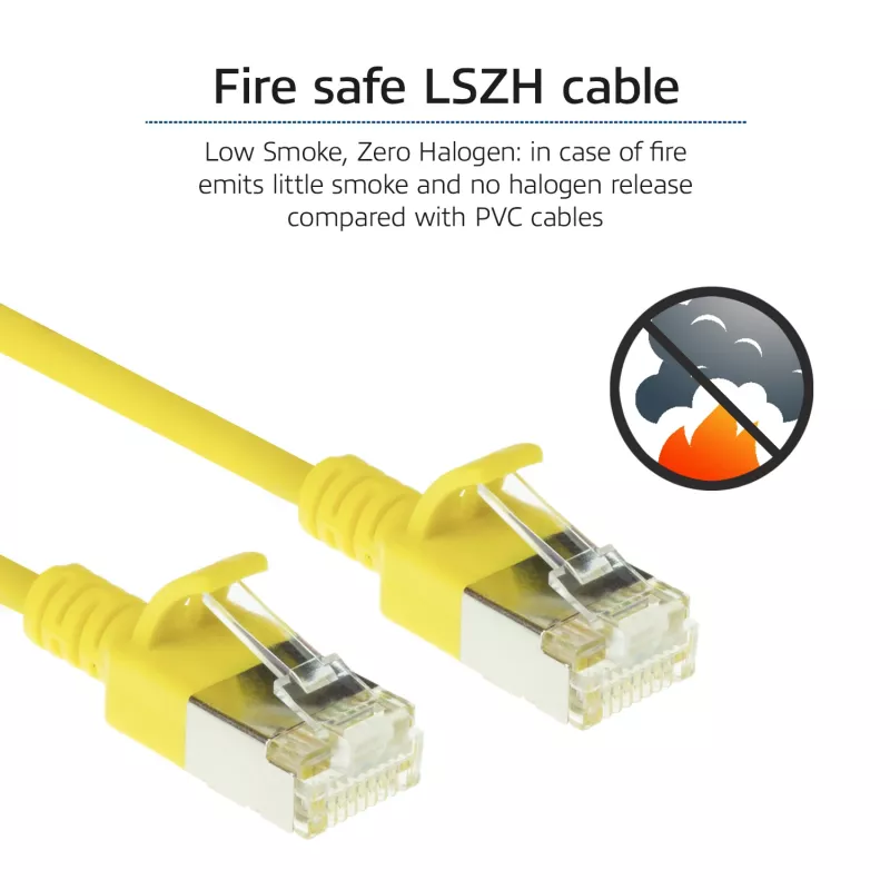 ACT dzeltena 3 meter LSZH U/FTP CAT6A datacenter slimline komutācijas kabelis, nesaaķējoši RJ45 savienotāji