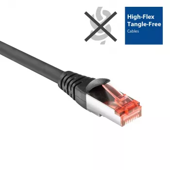 ACT melns 15 metru CAT6A U/FTP PVC augstas elastības, nesamezglojas komutācijas kabelis ar aizsardzību pret aizķeršanos un RJ45 savienotājiem