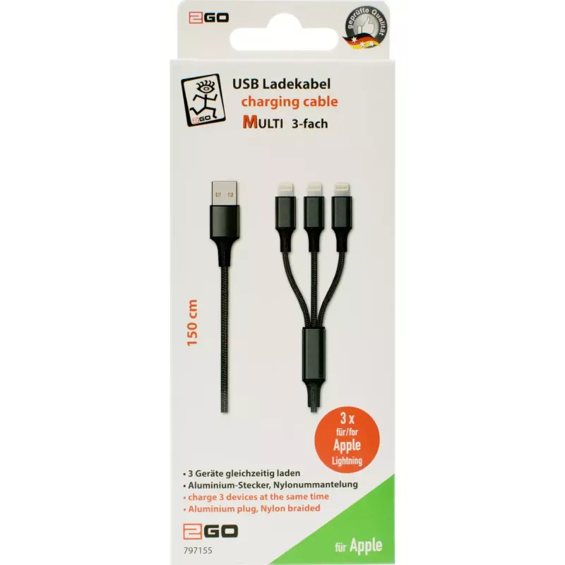 Lightning kabelis 2GO 797155 1.5m Melns USB B USB C Micro-USB B