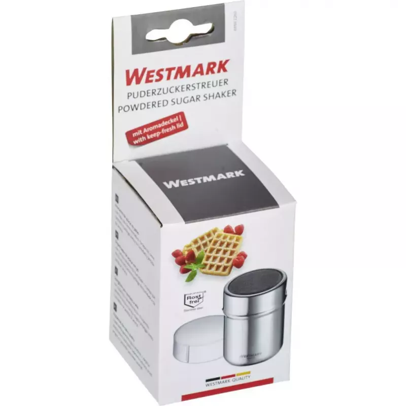 Cukura dozators Westmark 69502260 — apaļš nerūsējošā tērauda korpuss ar polipropilēna detaļām, 62×62×82 mm