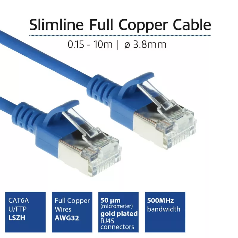 ACT Blue 7 metru LSZH U/FTP CAT6A datacentra plānais komutācijas kabelis ar fiksējamiem RJ45 savienotājiem